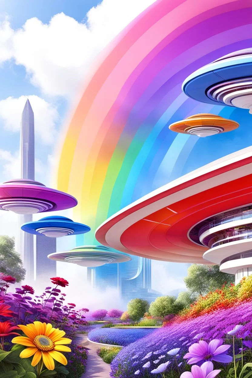 colors, very beautiful, ,flowers, garden,rainbow, cité futuriste ultra moderne, ufos