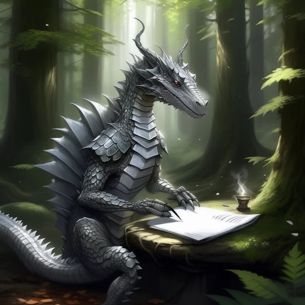 A humanoid dragon with grey scales in the middle of taking notes in a magical forest