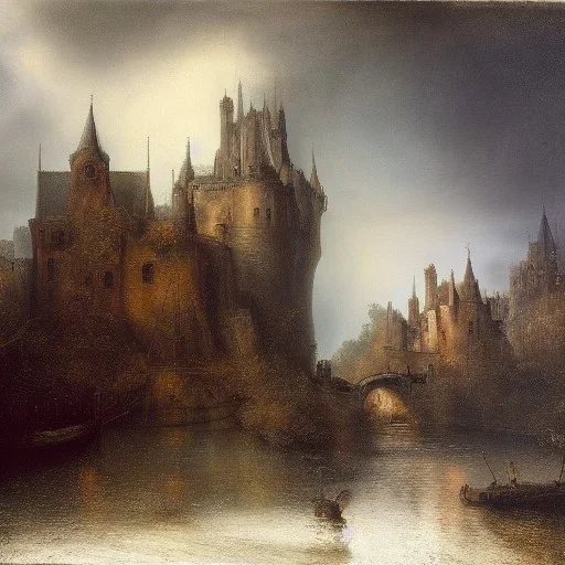 Rembrandt, magic, castle, rain, landscape, snow, bright foreground, dragons