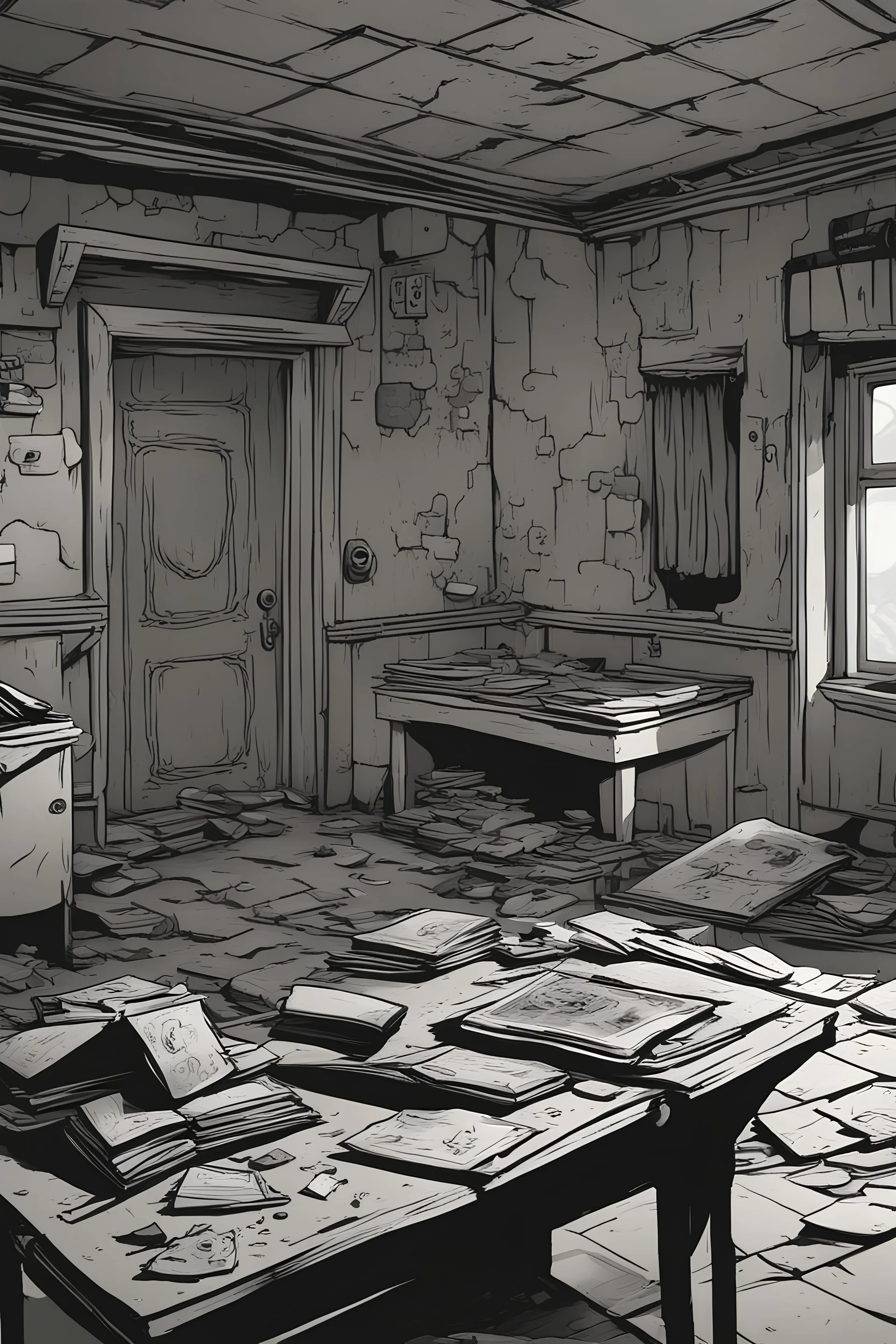 Eerie cartoon-style abandoned room, highly detailed