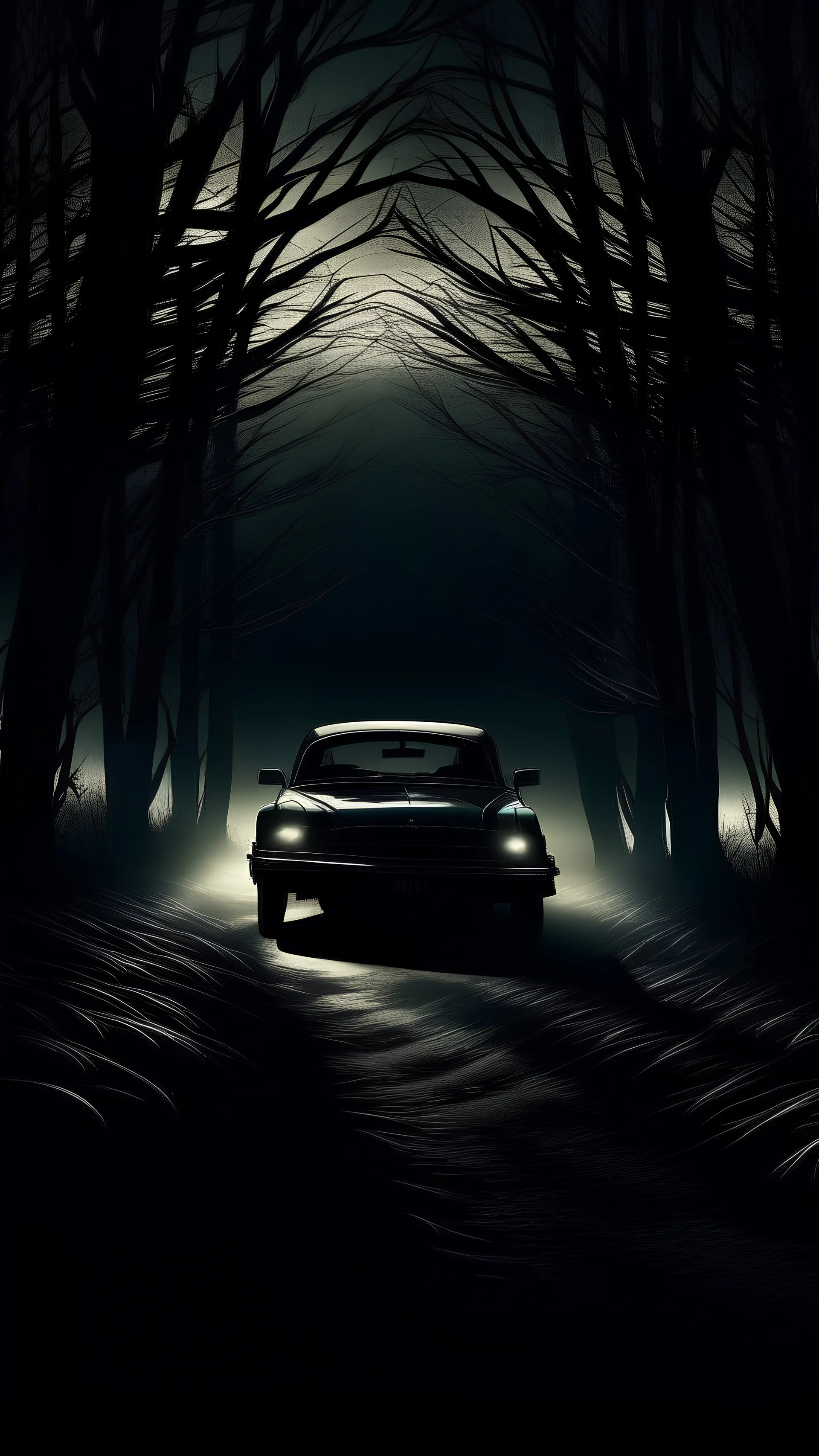 Dark Forest Drive: A couple in a car driving through a dense, dark forest with tall, shadowy trees. The headlights illuminate the eerie, twisted branches ahead, creating an ominous atmosphere.