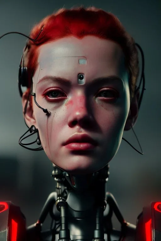 Beautiful portrait of red girl robot, post-apocalypse cybernetic in a cyberpunk city, sci-fi fantasy style, 8k,dark