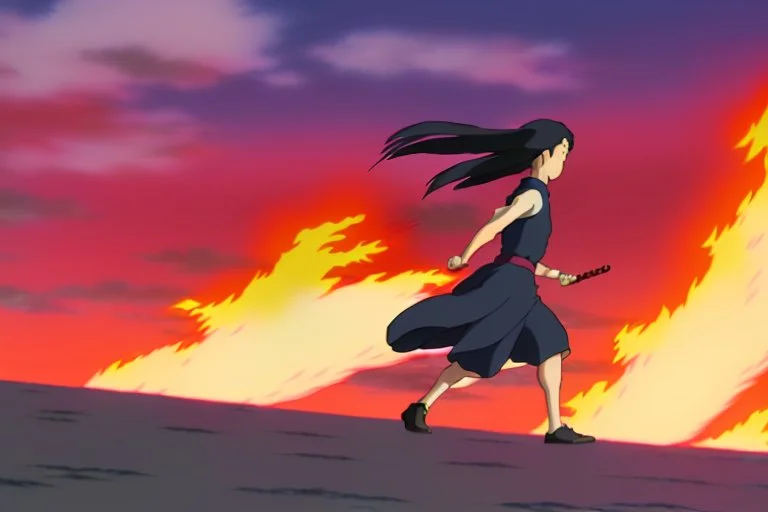 An intense still of Yui and Toshi, in mid-action, running against a fiery backdrop, clutching a small box believed to contain the legendary seeds. They're pursued by AeroCorp drones, the silhouette of their ominous shapes contrasting against the fiery sky.