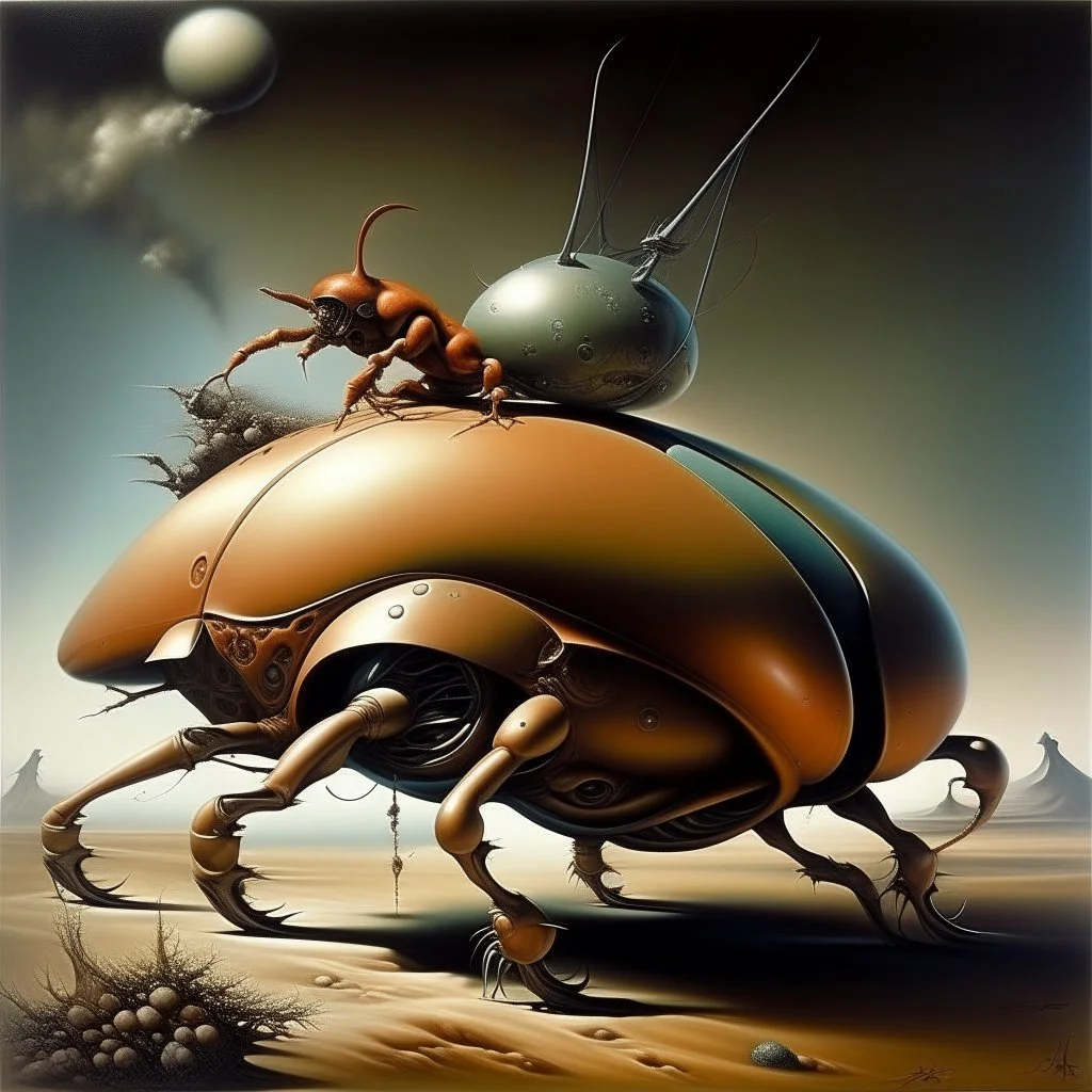 adrenochrome biomorphic beetle vehicle reveries, surrealism, by Yves Tanguy, by Arthur Secunda, abstract