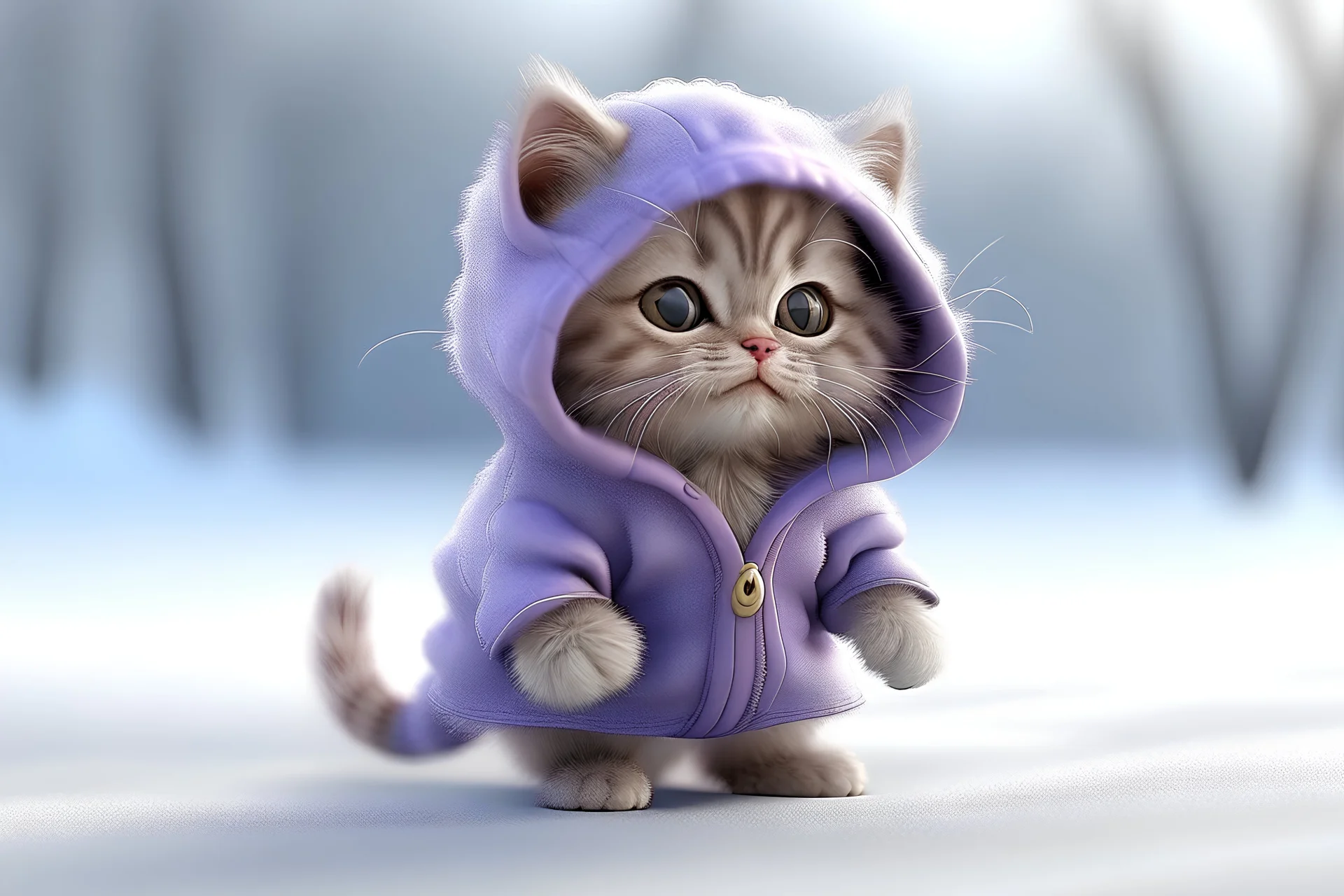 Cute lilac Persian kitten smiley in a jacket in the snow is dancing a break upside down, standing on his head, legs up, a cute cute little bug-eyed megafowl kawaii. high resolution, 64k, detail rendering, high quality, fantasy, soft warm lighting, fluffy eyelashes, macro photography, 3D rendering, hyperrealism, hyperesthetic, sharpen, CGI