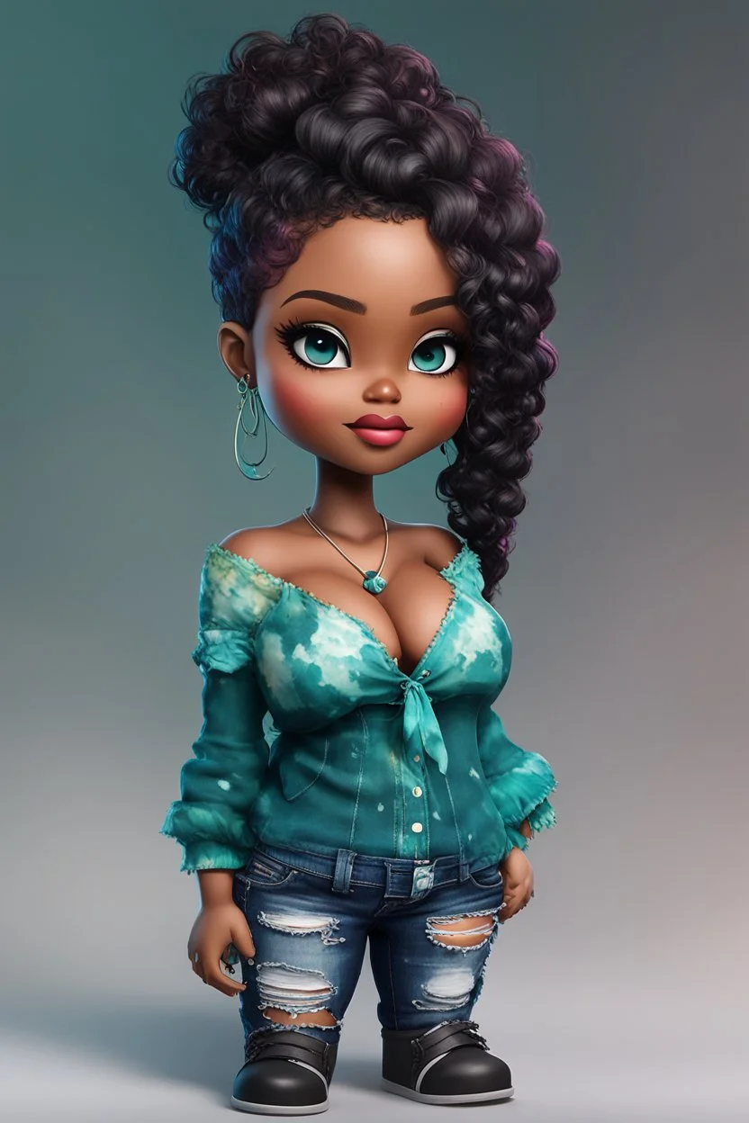 create a colorful digital urban culture art image 8k of a chibi curvy black female wearing torn jeans pants with fringe on the side and a teal-tie dye off the shoulder blouse. Prominent make up with hazel eyes. Highly detailed long WAVY PONYTAIL