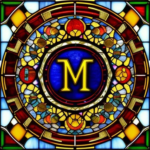 round coaster of letter M with stained glass window effect, highly detailed, intricate, warm colors, stained glass window, glossy from rain, warm lighting, dramatic lighting