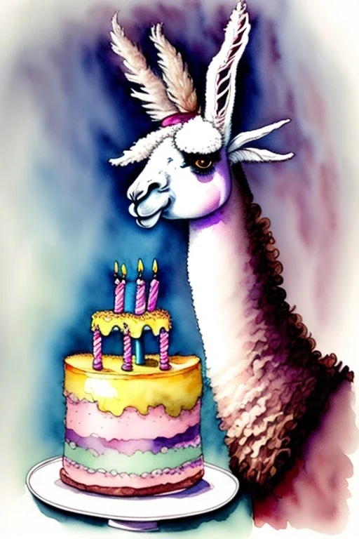 A llama having a birthday cake. Watercolour