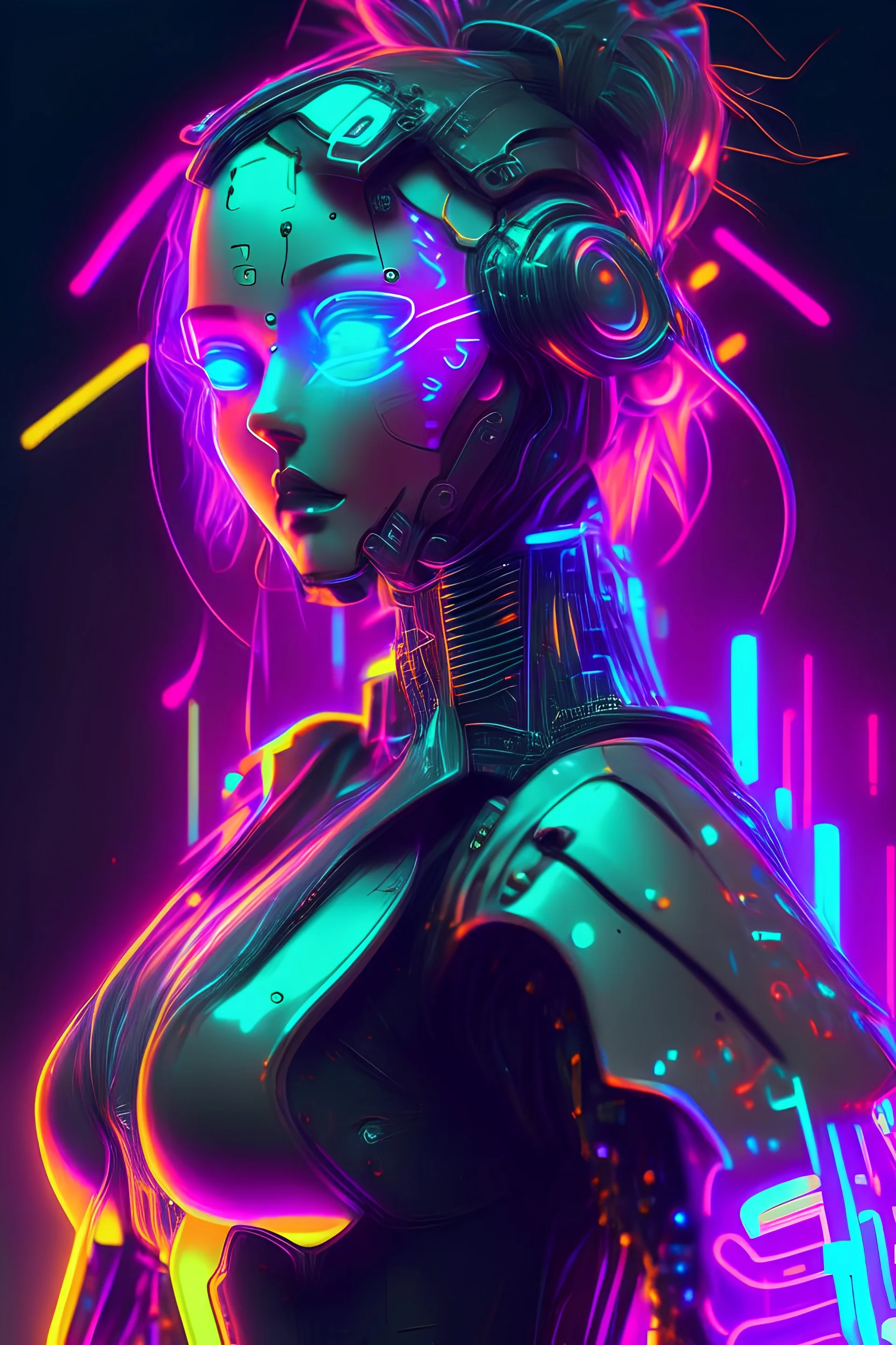 a neon glowing cyber punk female robot