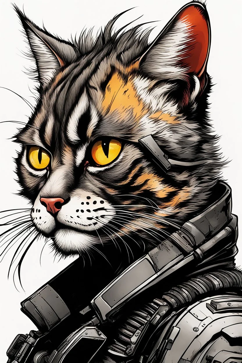 create a wild caricature of a grizzled streetwise cyberpunk female mercenary cat highly detailed with refined feline features in the caricature style of Gerald Scarfe and Ralph Steadman, precisely drawn, boldly inked, vividly colored, 4k