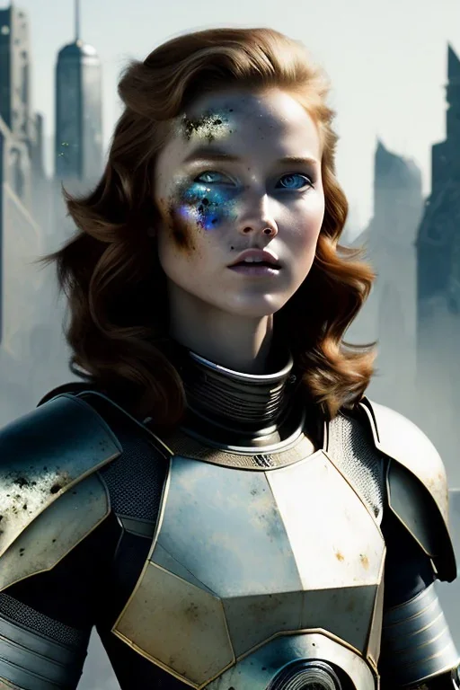 ultrarealistic, ruined city,__skimpy sci-fi armor__, __angles__, 19 year old woman, strikingly beautiful, ginger hair, silver colour, [__starlets__|__starlets__], (pale __skincolor__ skin:1.2), __camera__ __hair__, detailed face and eyes, c-cup breasts, leather choker, freckles, dynamic pose, resolved expression, __accessory__, strappy outfit, (straps:1.1), sword in scabard on left hip, (buckles, buttons, snaps, rings:1.0), haltertop style breastplate, detailed eyes, plump lips, fantasy theme