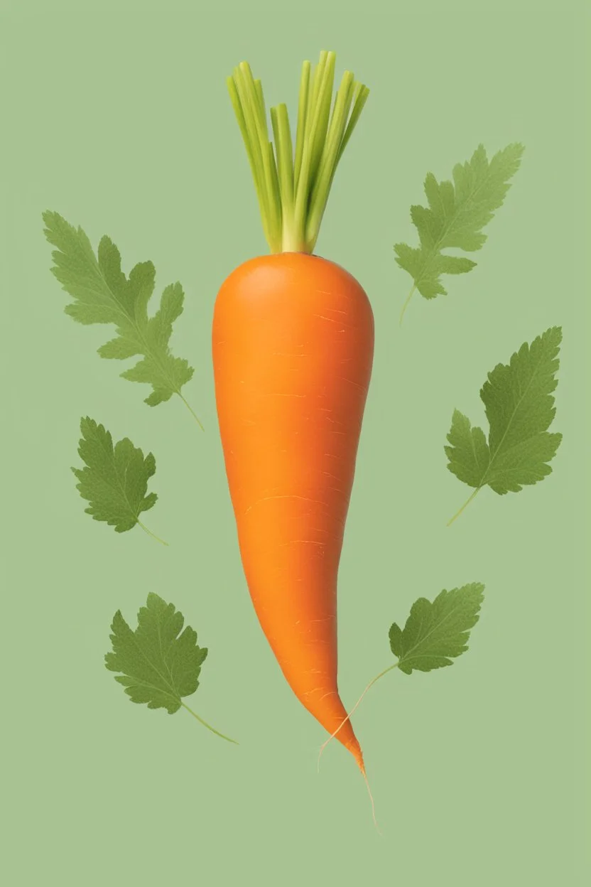 Surreal composition of a large, vibrant orange carrot with (((bana leaves))) on top, on light green background. This juxtaposition creates a whimsical and imaginative effect, combining elements of nature in an unexpected way. 8k