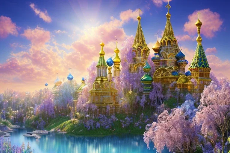 gold colorfull crystal russian PALACE on the mountain, sun,swanns,waterfall, BLUE LAKE, SWANNs,fuksia bugainvillier flowers, jacaranda violet trees, sky pink blue, full of details, smooth, bright sunshine，soft light atmosphere, light effect，vaporwave colorful, concept art, smooth, extremely sharp detail, finely tuned detail, ultra high definition, 8 k, unreal engine 5, ultra sharp focus