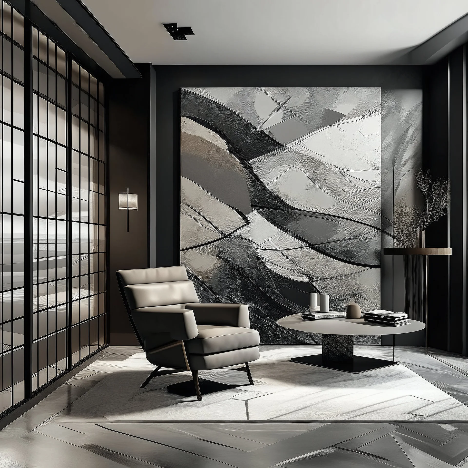 Armani-style interior with an abstract painting on the wall