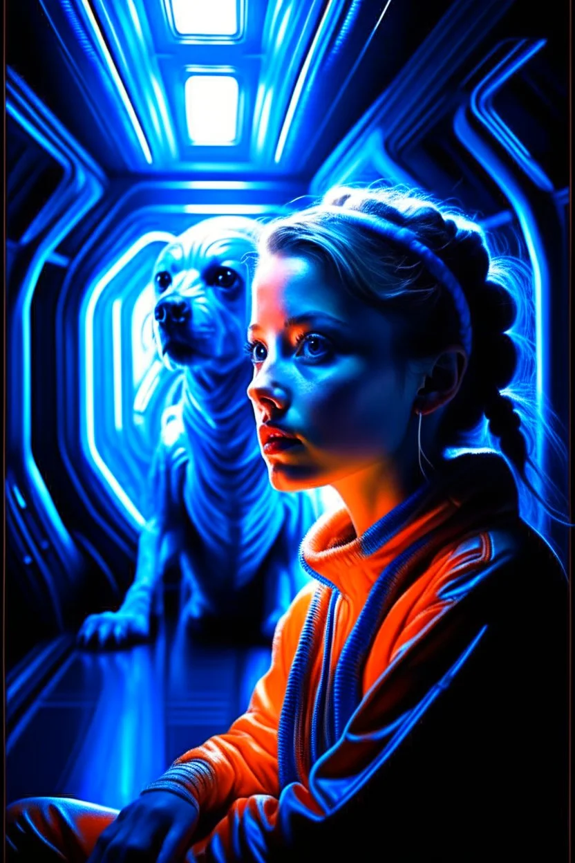 portrait of dog on a karate girl in the style of giger, spraypaint, photorealism, trending on artstation, 8k, depth of field, downlight, lightrays, volumetric, white hall in spaceship, blue and orange