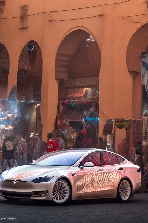 A Tesla's 'Model S Plaid' is performing donuts, in 'Jemaa el-Fnaa', in Marrakesh. CINEMATIC. WIDE ANGLE LENS.