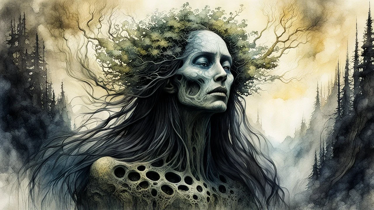 Zdzislaw Beksinski, Max Ernst, and Peter Gric style ink wash and watercolor, full body illustration of a transcendent woman , highly detailed facial features, mixed to anatomical body view, visible plant like skeletal structure, wildly flowing hair, 8k octane, all in focus, clean face, no grain, ethereal, otherworldly, Druid Forest Goddess concept art in vibrant natural autumnal colors