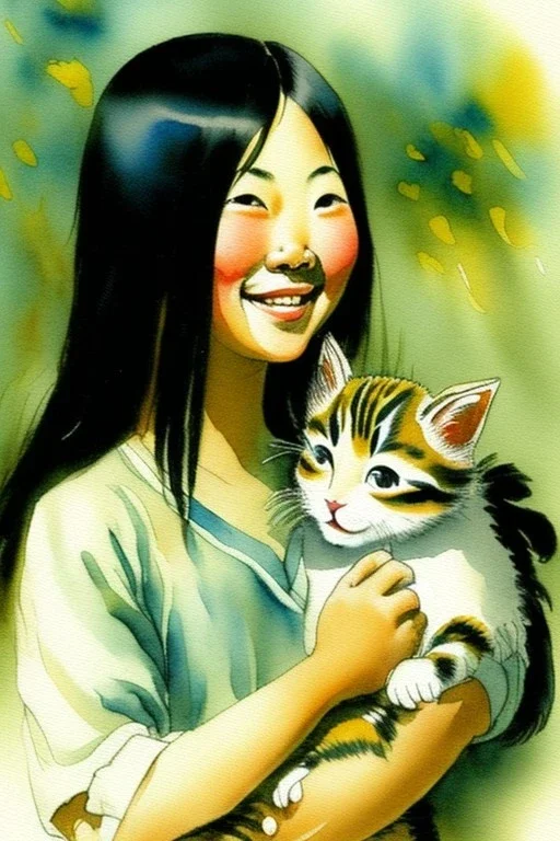 A cute smiling asian girl is holding a kitten. Watercolour