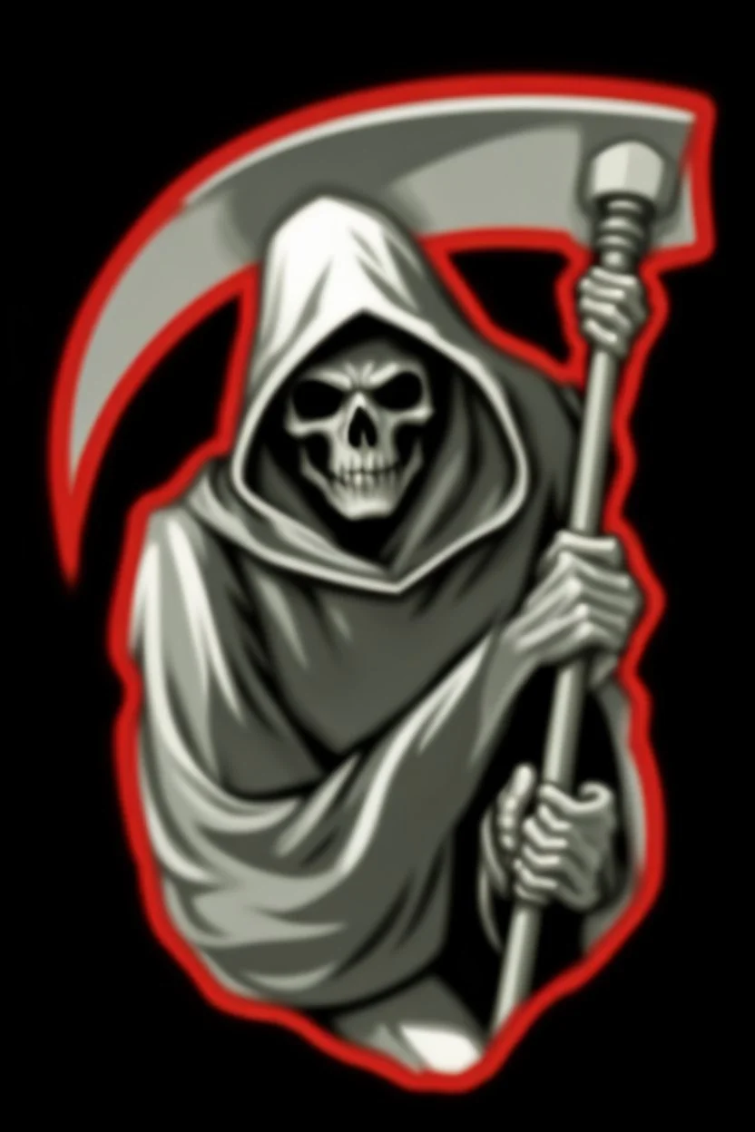 hooded Grim-Reaper gripping scythe, vignette, black and white graphic novel style with a red outline, and black background,
