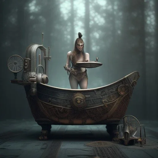 A viking having a bath, scary, steam punk, realistic, made in octane, cinematic, ultra-realistic, extremely detailed octane rendering, 8K, VRAY Super Real ar 2:3, dof photorealistic futuristic 50mm lens hard lighting dark gray tintype photograph, realistic lighting, sepia color