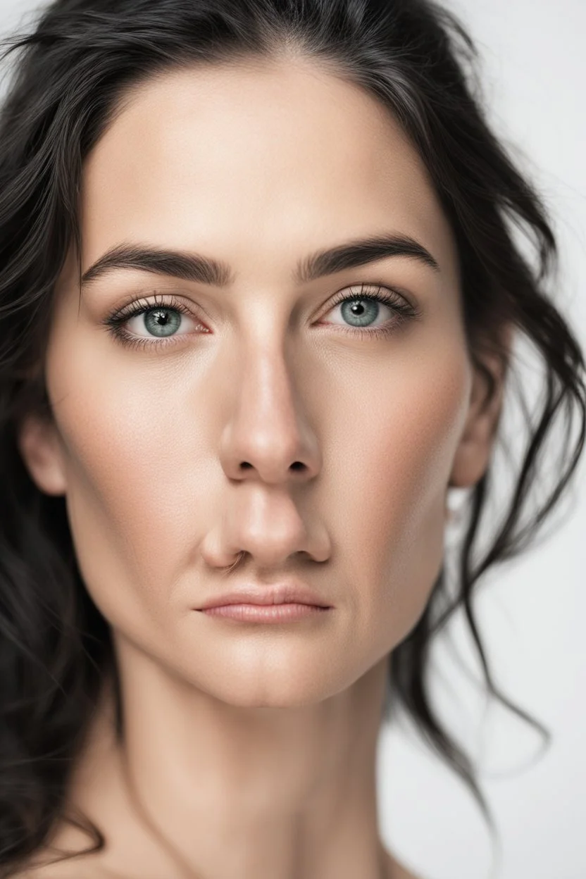 Stunning natural true colors professional photography on white background showing incredibly beautiful 32-year-old European woman. (She has white skin, tousled black hair, pretty face without makeup, big round brown eyes, cute profiled nose, detailed full lips.) (She's not wearing earrings, necklaces, jewelry or body accessories.) (Show the womans face in natural head pose within the boundaries of the photo. make half of the face 15 years older.)) (((realistic skin tones, skin texture))