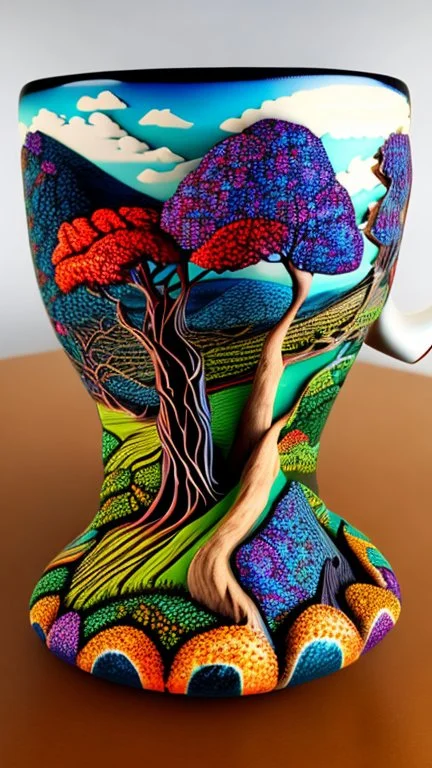 "A unique coffee cup with a stunning rendering of Sycamore Gap, showcasing its intricate details and vibrant colors."