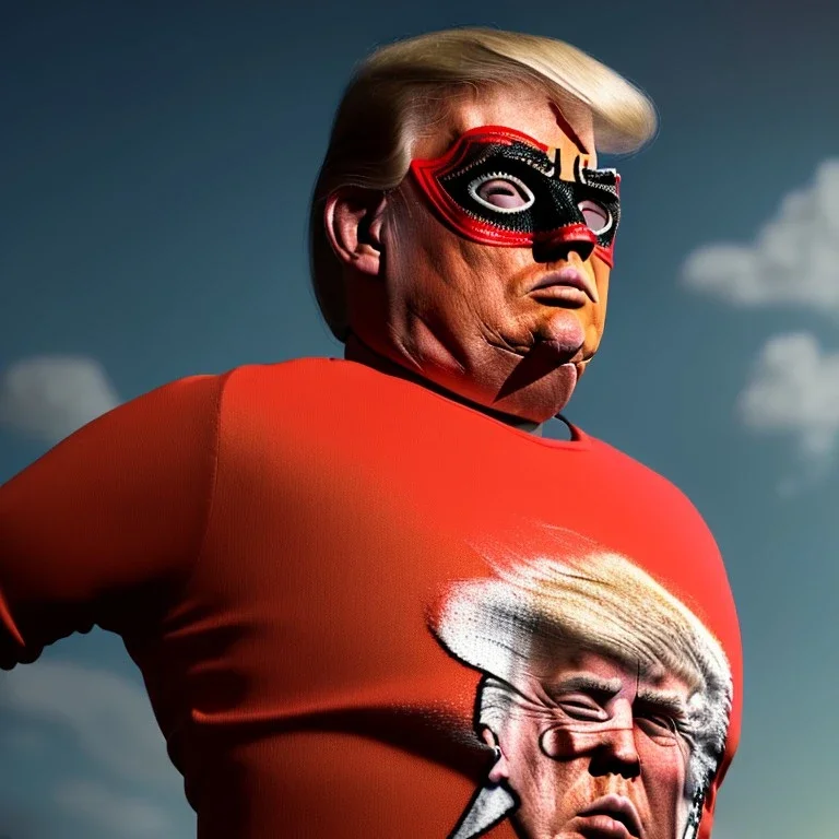 realistic image of donald trump as a mexican wrestling fighter posing, Mexican eyes wrestling mask, mesh bodysuit, retro style, 80s, vibrant color, highly detailed, sky background, concept art, unreal engine 5, god rays, ray tracing, RTX, lumen lighting, ultra detail, volumetric lighting, 3d, finely drawn, high definition, high resolution.