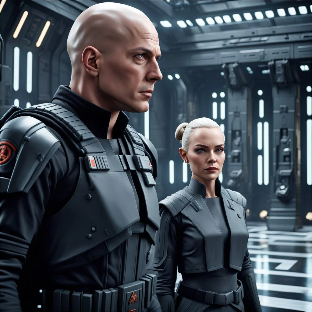 a bold and heroic bald male Corellian pilot in black and metallic grey First Order special forces gear meets a female Jedi Master in ancient, mystical temple, hyperdetailed, dynamic lighting, hyperdetailed background, 8k resolution, volumetric lighting, light skin, fully symmetric details