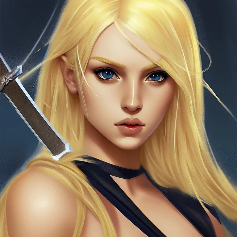 Portrait of beautiful blonde woman with a sword