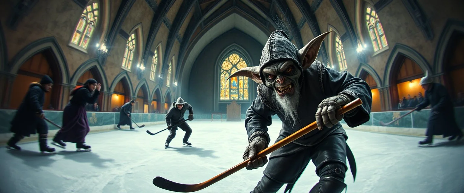 pin hole cam, master oil painting by Rembrandt, d&d vampire gremlin illithid and lich playing hockey in ice skating hall or church