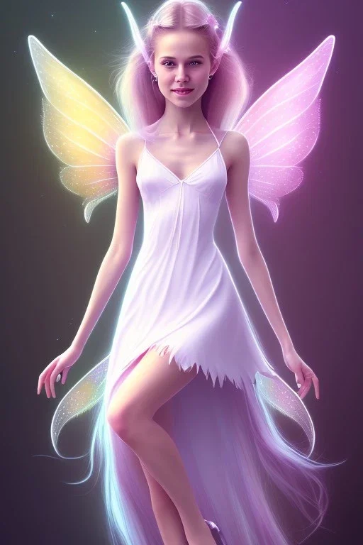 smiling girl, cute, beautiful, long hair, fairy wings, light pastel colors, bright, transparent dress, smile