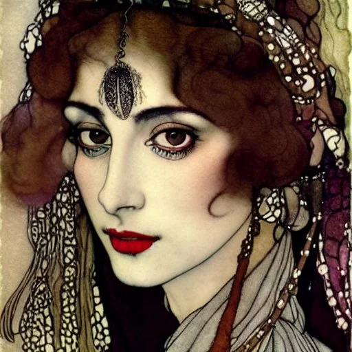 Beautiful woman gypsy shaman with big brown eyes, Subdued lighting. Muted color palette. Modifiers: elegant intricate very attractive beautiful award winning fantastic view hyperrealistic ultra detailed high definition matte background watercolor Arthur Rackham Gustav Klimt pen and ink Johannes Vermeer Aubrey Beardsley