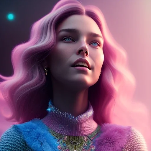 A portrait very beautiful woman ,smiling, longs hairs, atmospheric, realistic, cinematic lighting, octane render, pink blue light, 8k, galactic atmosphere, flowers