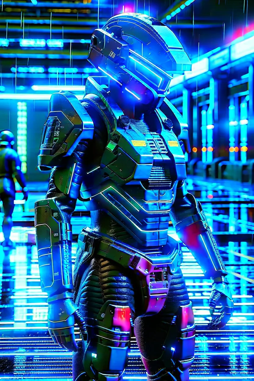 cyberpunk, neon blue, high technology, geometric figures, orbiting figures, cyberpunk suit, black and blue, epic, rain, neon blue suit, geometric figures orbiting around suit, exosuit, male