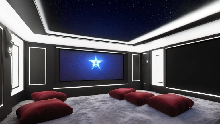 Generate an image of a sleek home cinema with our top-notch projectors and surround sound systems with a star-lined ceiling similar to a Rolls Royce in a high-rise penthouse