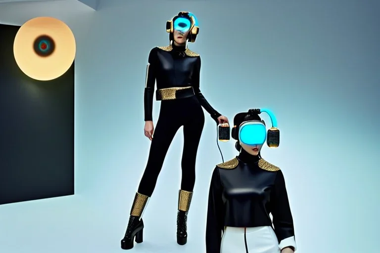 Photograph. Technological utopia. Machine, fake smile, old-camera-eyes. 3D-tiling on the adaptive background. Lightly armored. Cyber-punk full-mask. Lay figure woman is Surreal. Haute Couture 1990's. Light from right. Colors are silver, black, Cyan. AKG headphones, golden rings & disc. Logo. Thick tights. Thick calves. Curved fell. Wide hip. Cannot cure. Tron Movie, grotesque. Countermove. Revolution. Matrix and Tron movies. Daft Punk!