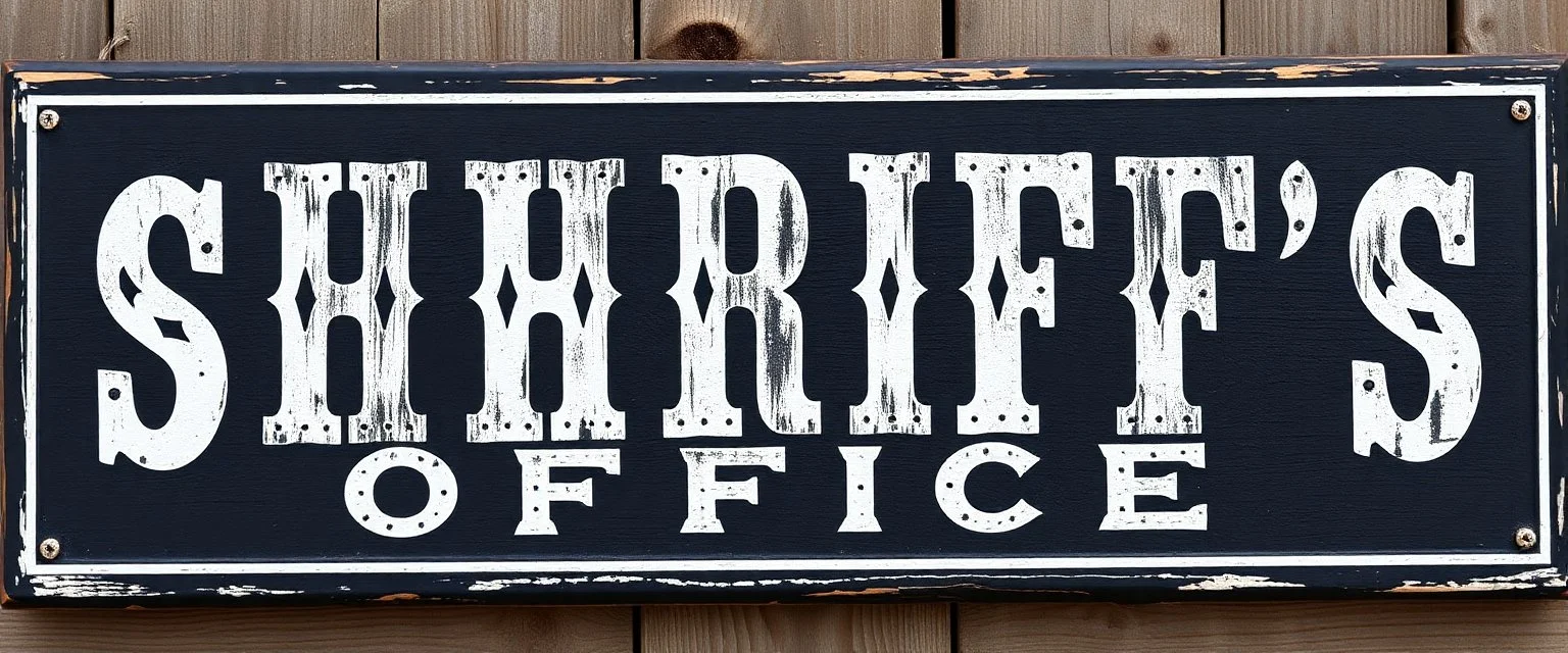 fill composition with large and wide historical hand painted old western sign that reads: "SHRIFFS OFFICE" white on black with inset white stripe boarder aged paint on wood sanserif