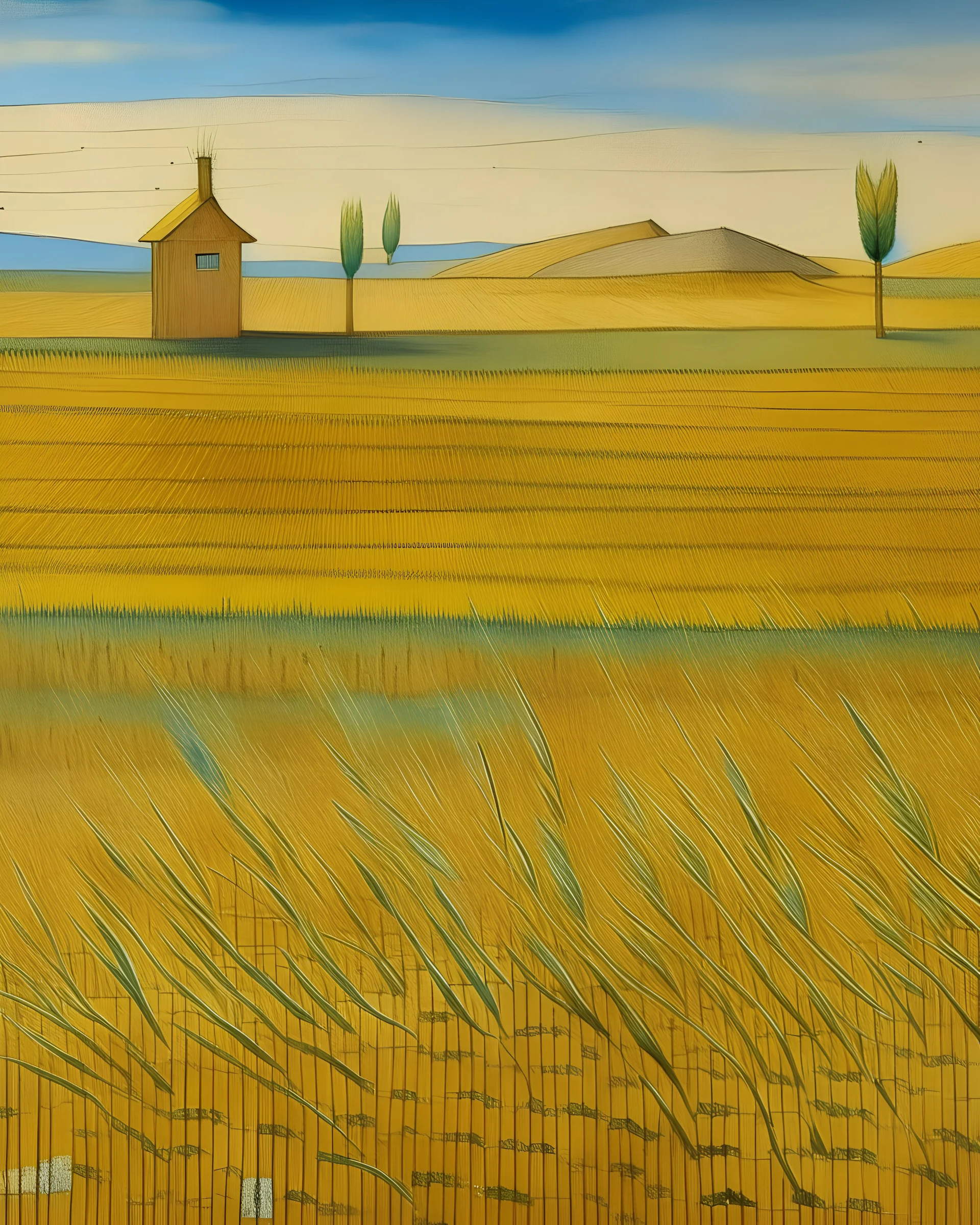 A beige wheat field near a prison painted by Paul Klee