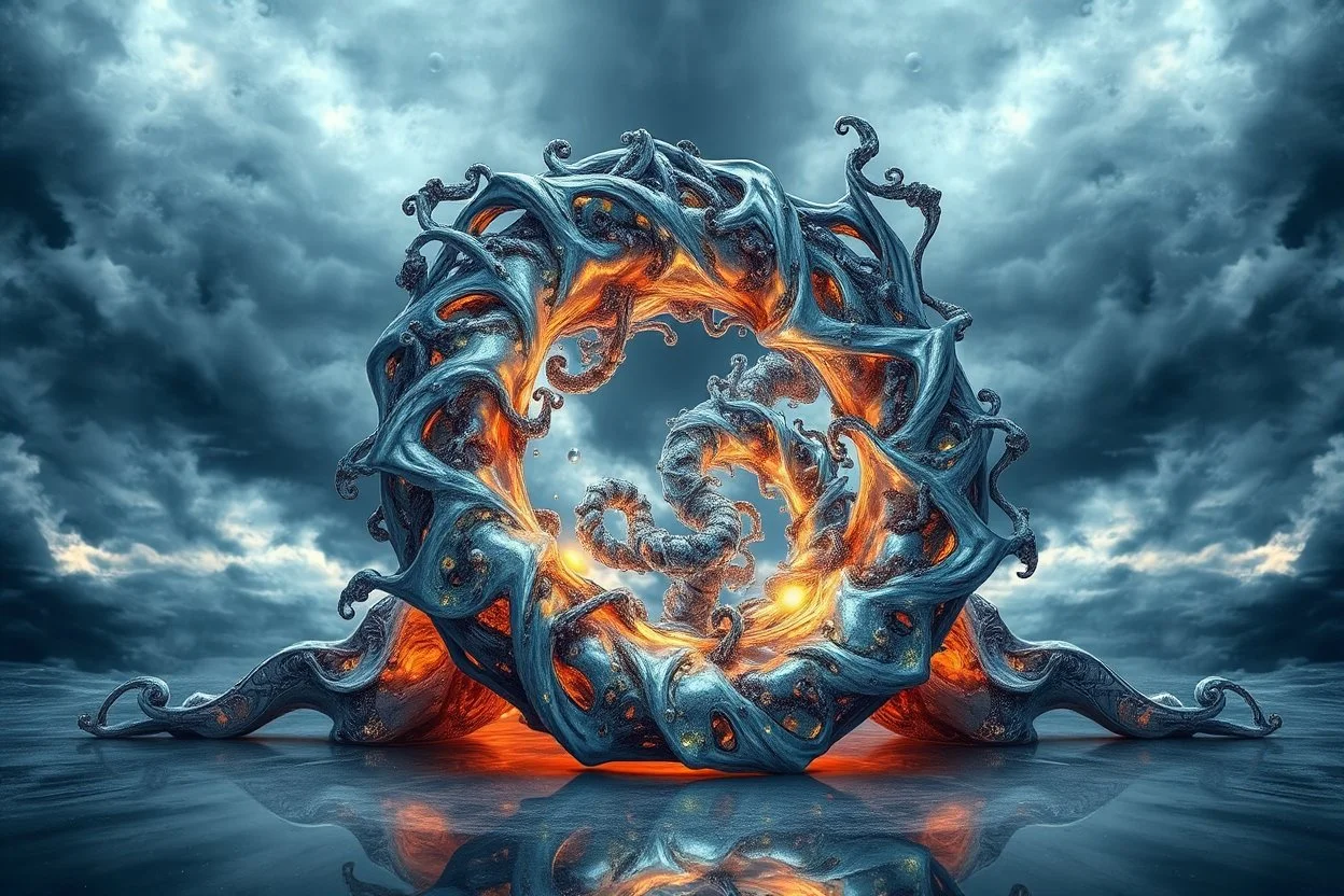 Dynamic complex hypnotic fractal 3D structures twisting and morphing between organic and geometric forms with Symmetry, smooth translucent iridescent glass with inner glow and bubbles, varied transparent materials, stormy skies, intense dramatic