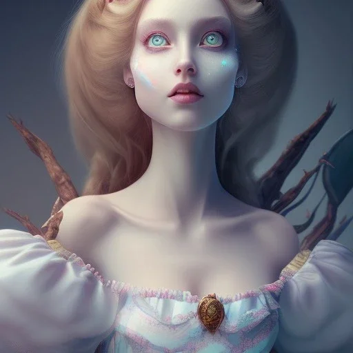 whole portrait of "Alice in the wonderland",Award-winning, Detailed face, detailed eyes, blue eyes, Realistic lighting, cinematic lighting, Trending on artstation, octane render, 8k ,elegant,smiling, by Chie Yoshii and disney background Olivetrees in style of salvatore Dali