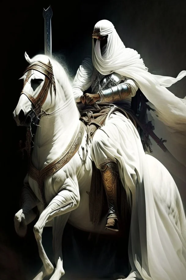 An Arab warrior holding two swords, sitting on horseback, wearing a white robe, strong, mysterious, frightening, fantasy, high quality