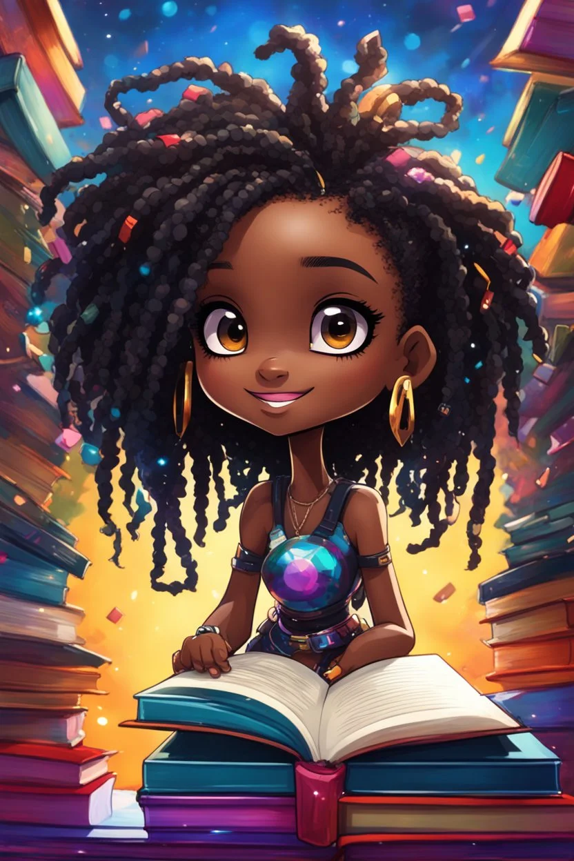 A sassy futurism ABSTRACT colorful art cartoon black chibi girl LOOKING DOWN, surrounded by colorful BOOKS. Looking up coyly, she grins widely, showing her Teeth. Highly detailed black shiny dread locs , regal expression.