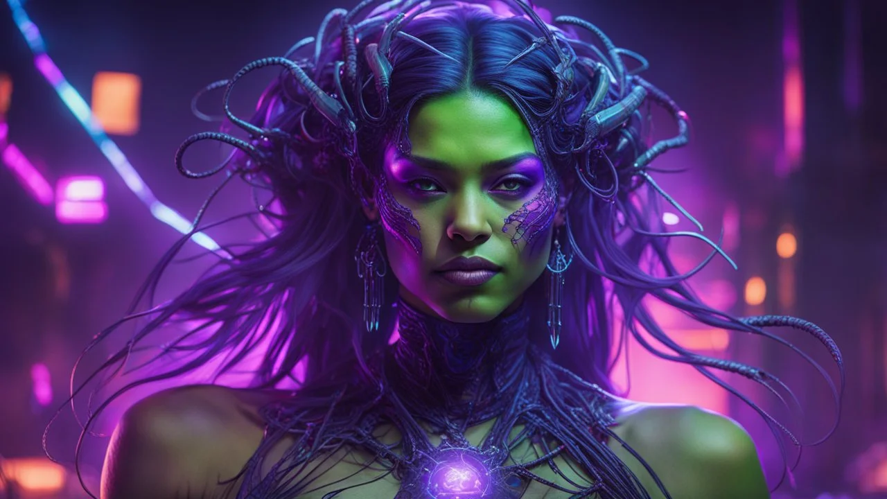 realistic portrait of miss hulk A radiant and ethereal cyberpunk girl shrouded in vibrant veils, her form intertwined with luminescent crabs composed of violet light and smoky purple hues. She is adorned with futuristic neon wires and intricate cyberpunk jewelry, her translucent layers billowing in an unseen breeze, casting a surreal, dynamic glow against the backdrop of a gritty, neon-lit metropolis.