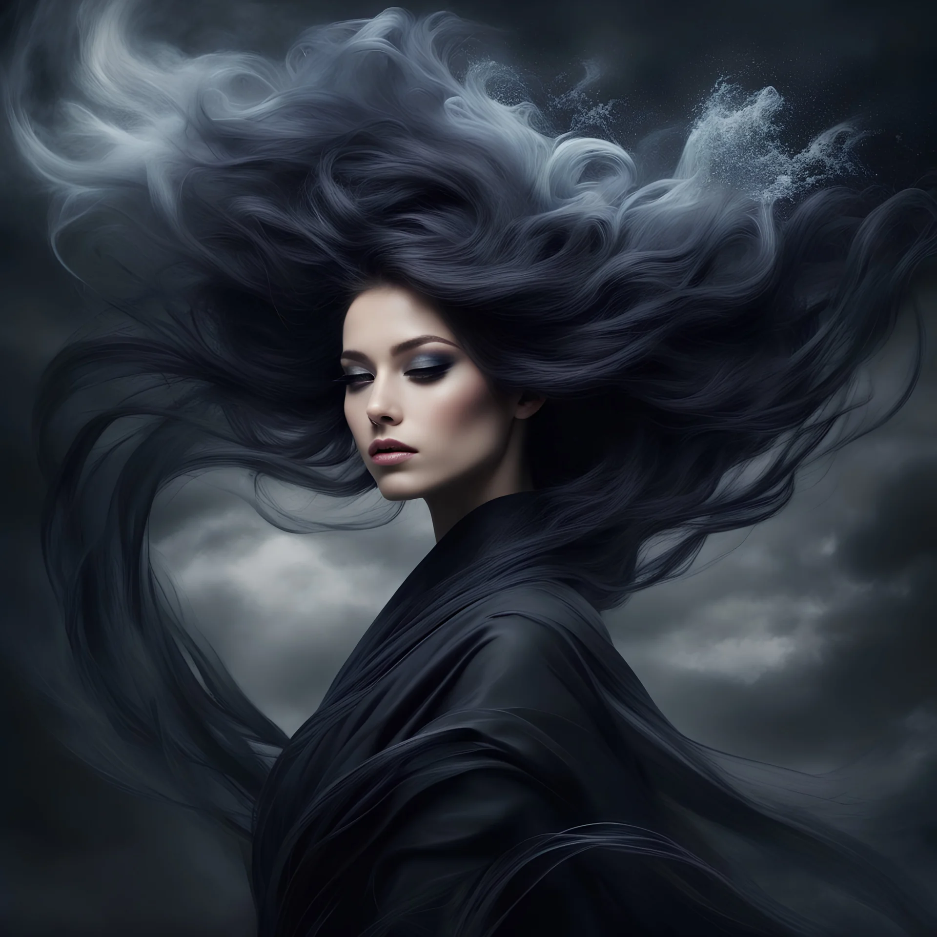 a girl with hair and flower on her forehead, in the style of eerie dreamscapes, flowing fabrics, t romantic windblowing, swirling hair, Windy, swirling dark style Dark, misty, fantasy Dark, Texture, eerie, macabre, black smoke, ultraclear image"