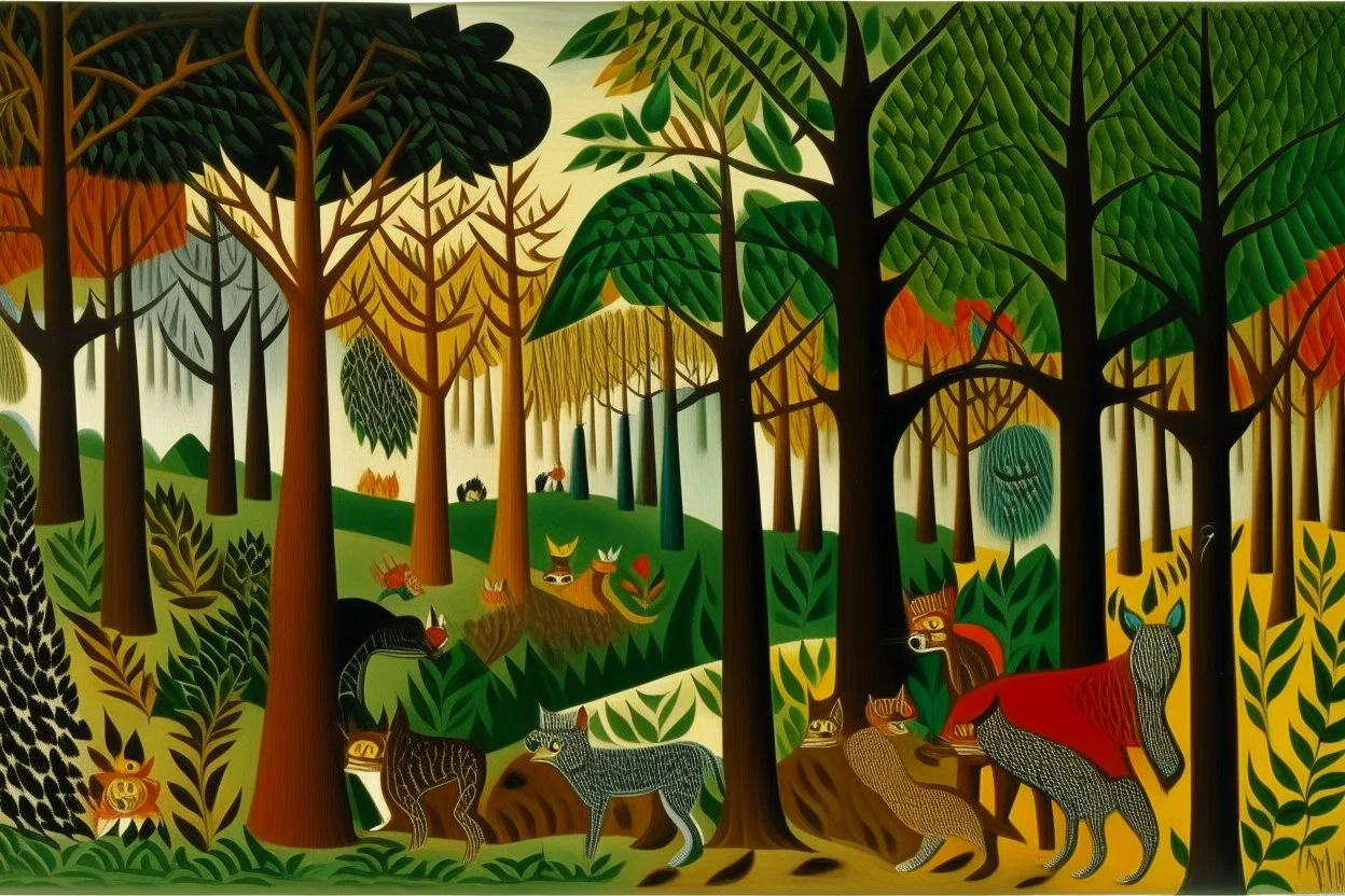A multicolored woods with piercing eyed wolves painted by Henri Rousseau