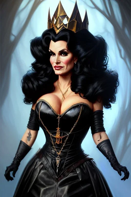 painting of lisa ann as evil queen in black leather gown, feminie, angry, stern look on her face, volouptous, busty, cleavage, emperious, mature, highly detailed, digital painting, artstation, concept art, smooth, sharp focus, illustration, art by gaston bussiere and alphonse mucha