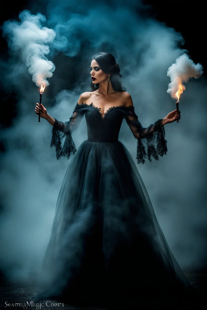 In the depths of the night, a stunningly beautiful demonic woman dressed in dark smoke gracefully through the big smoke, her every movement seeming to exude an otherworldly allure. The dark and mystic atmosphere is heightened by the smoky background, creating a surreal and hauntingly beautiful scene. The dark colors of her dress blend seamlessly with the fog, making her appear as if she is a part of the very air itself, detalied, fantasy