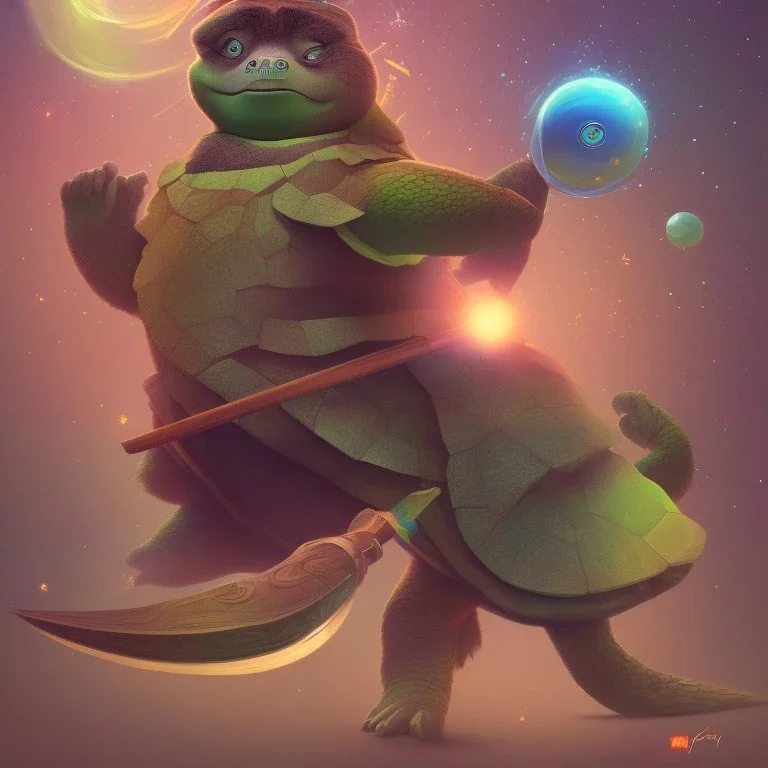 Digital art of a turtle holding a wooden rod, style = Turtle from ''Kung Fu Panda'' , background galaxy