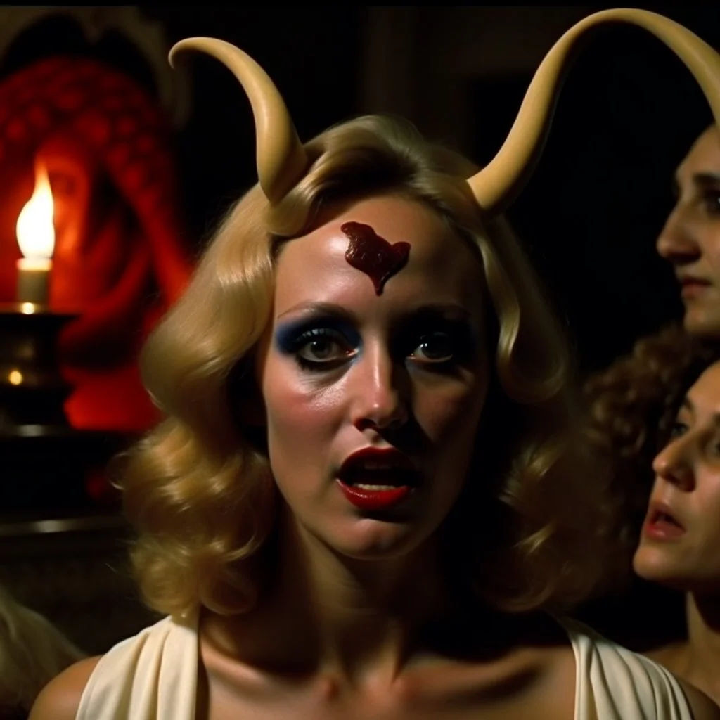 Horror movie shot, spooky, horns, ultra realistic temple, they enjoy and get excited, ultra realistic hot blonde women, pieces of meat, organs, ail, dynamic, very excited people, hypermaximalist figures, light, 1970's Italian horror movie, sinister,, Dario Argento, Stanley Kubrik, ornate, 4k, photorealism