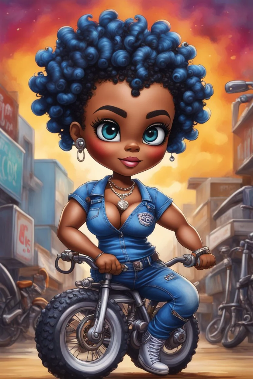 create an oil painting illustration of a chibi cartoon voluptuous black female wearing a blue jean outfit with a tie dye tshirt with biker boots. Prominent make up with hazel eyes. Extremely highly detail of a tight curly black bantu knots. Background of a bike show